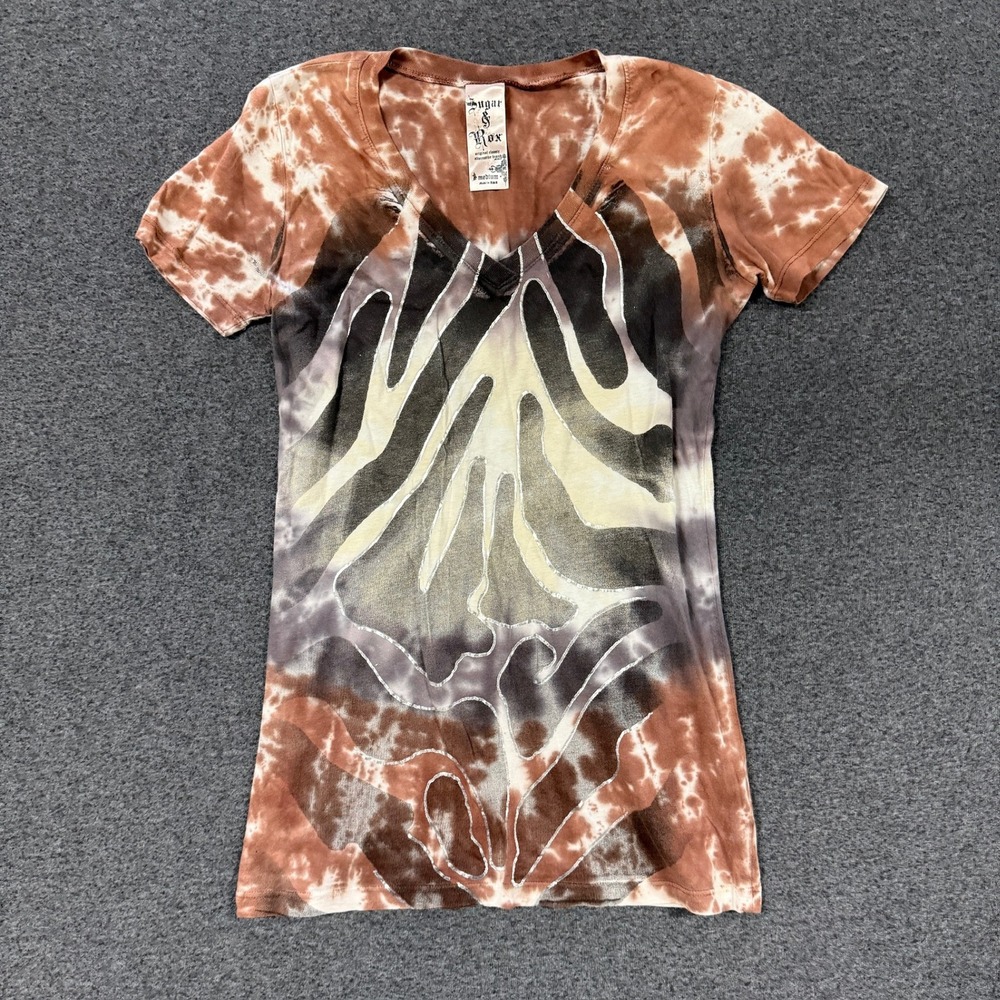 Y2K Sugar & Rox Tie Dye Graphic Tee Womens Medium Brown Good Glitter V-Neck